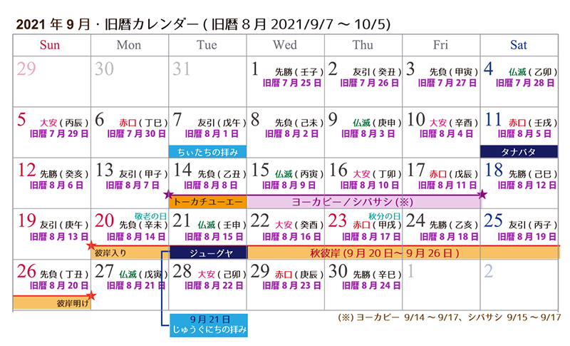 沖縄旧暦カレンダー21 新暦9月 旧暦8月 の年中行事 供養ギャラリーmemorial