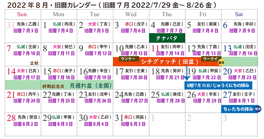 沖縄の旧暦カレンダー22 新暦8月 旧暦7月 旧盆は8月10日から 供養ギャラリーmemorial
