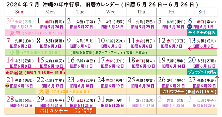 2024年新暦7月：沖縄の旧暦行事カレンダー
