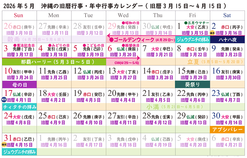 2026年新暦5月、沖縄の旧暦カレンダー！