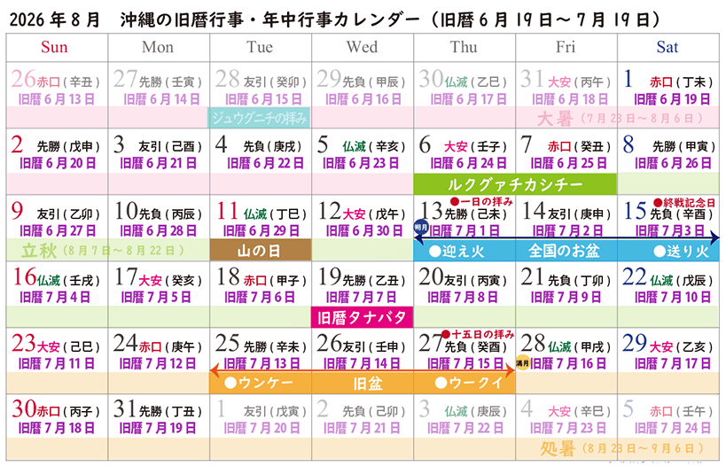 2026年8月:沖縄の旧暦カレンダー